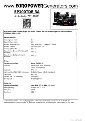 Дизелови генератори Europower EP100TDE-3A (MA)