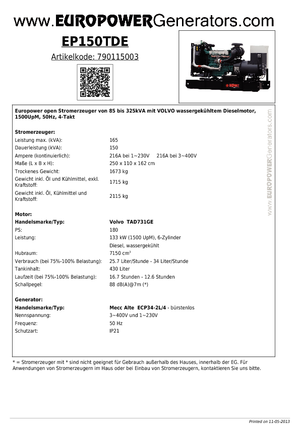 Дизелови генератори Europower EP150TDE (MA)
