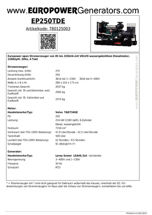 Дизелови генератори Europower EP250TDE (LS)