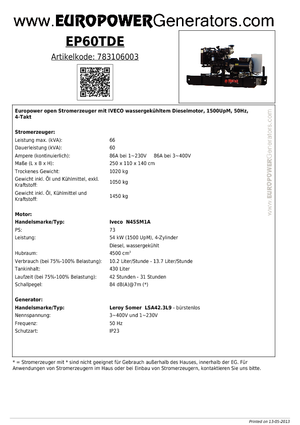 Дизелови генератори Europower EP 60 TDE (LS)
