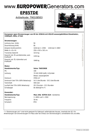 Дизелови генератори Europower EP85TDE (MA)