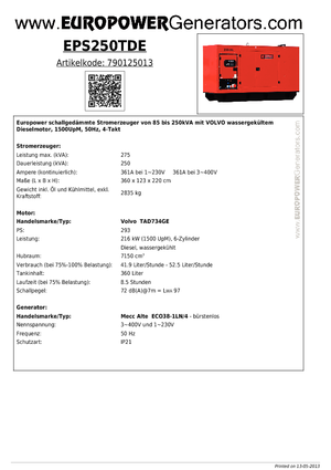 Дизелови генератори Europower EPS250TDE (MA)