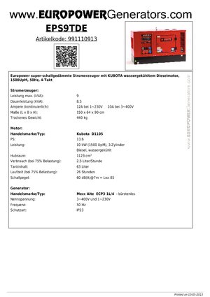 Дизелови генератори Europower EPS9TDE (MA)