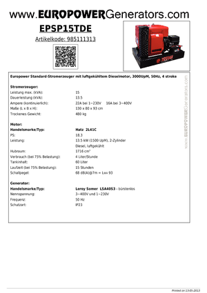 Дизелови генератори Europower EPSP 15 TDE (LS)