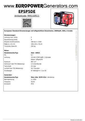 Дизелови генератори Europower EPSP 5 DE (MA)