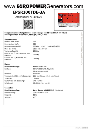 Дизелови генератори Europower EPSR100TDE-3A (LS)
