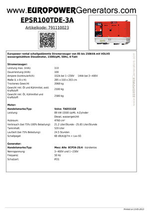 Дизелови генератори Europower EPSR100TDE-3A (MA)