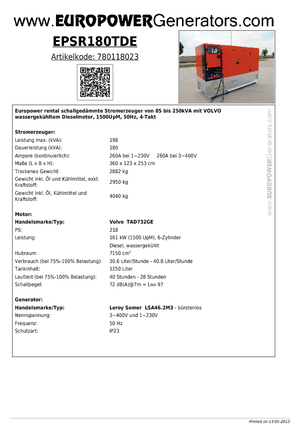 Дизелови генератори Europower EPSR180TDE (LS)
