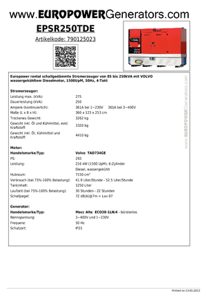 Дизелови генератори Europower EPSR250TDE (MA)