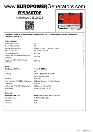 Дизелови генератори Europower EPSR60TDE (MA)