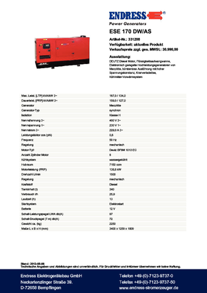 Дизелови генератори Endress ESE 170 DW-AS