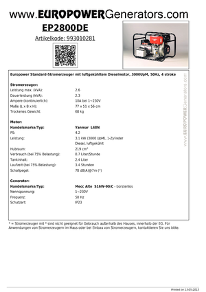 Дизелови генератори Europower EP2800DE (MA)