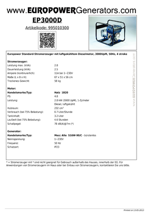 Дизелови генератори Europower EP3000D (MA)
