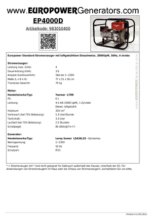 Дизелови генератори Europower EP 4000 D (LS)