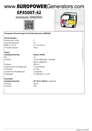 Дизелови генератори Europower EP4500T-42 (EP)