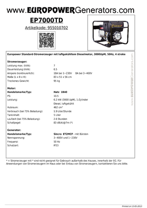 Дизелови генератори Europower EP7000TD (S)