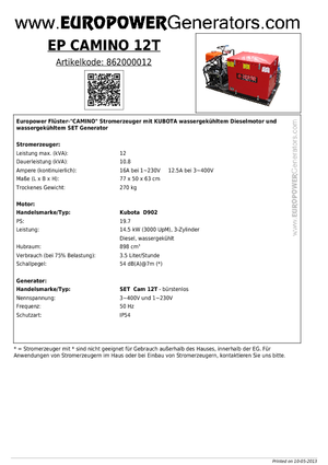 Дизелови генератори Europower EP Camino 12 T
