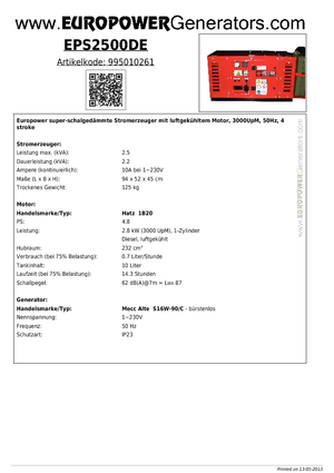 Дизелови генератори Europower EPS2500DE (MA)