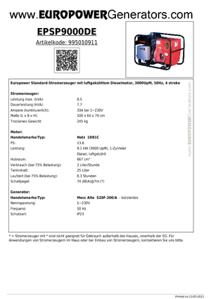 Дизелови генератори Europower EPSP9000DE (MA)