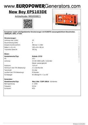 Дизелови генератори Europower New Boy EPS103DE (MA)
