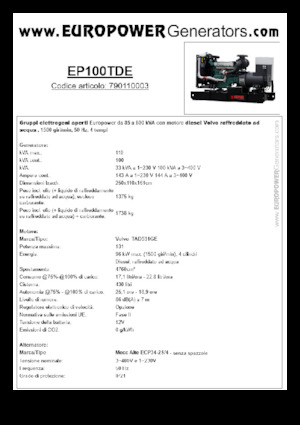 Дизелови генератори Europower EP100TDE (MA)