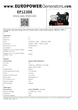 Дизелови генератори Europower EP123DE (S)