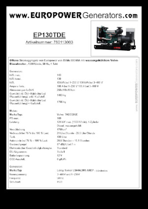Дизелови генератори Europower EP130TDE (LS)
