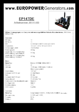Дизелови генератори Europower EP14TDE (LS)
