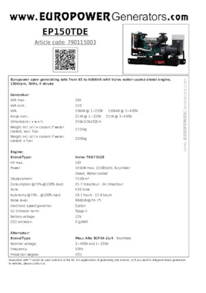 Дизелови генератори Europower EP150TDE (MA)