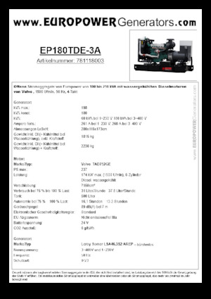 Дизелови генератори Europower EP180TDE-3A (LS)