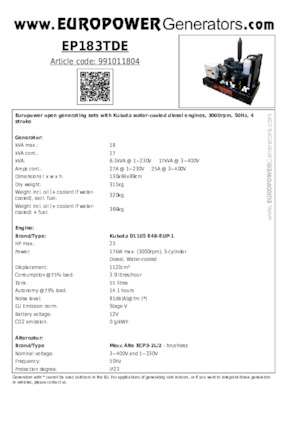 Дизелови генератори Europower EP183TDE (MA)