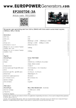 Дизелови генератори Europower EP200TDE-3A (MA)