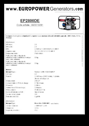 Дизелови генератори Europower EP2800DE (MA)