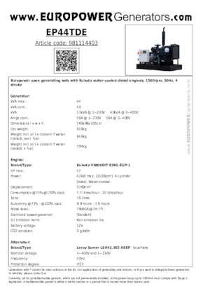 Дизелови генератори Europower EP44TDE (LS)