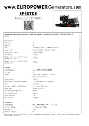 Дизелови генератори Europower EP60TDE (MA)