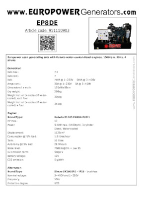 Дизелови генератори Europower EP8DE (S)