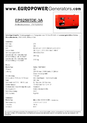 Дизелови генератори Europower EPS250TDE-3A (MA)
