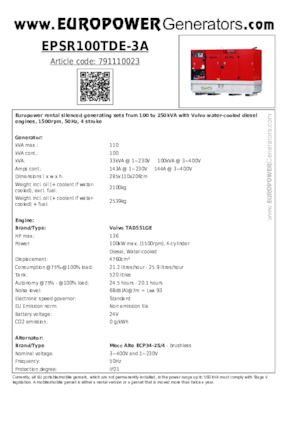 Дизелови генератори Europower EPSR100TDE-3A (MA)