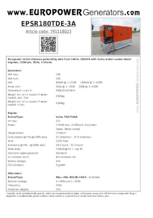 Дизелови генератори Europower EPSR180TDE-3A (MA)