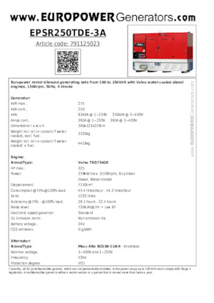 Дизелови генератори Europower EPSR250TDE-3A (MA)