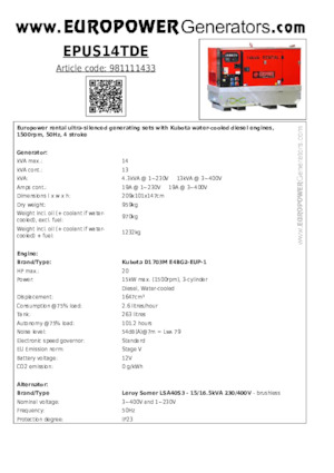Дизелови генератори Europower EPUS14TDE (LS)