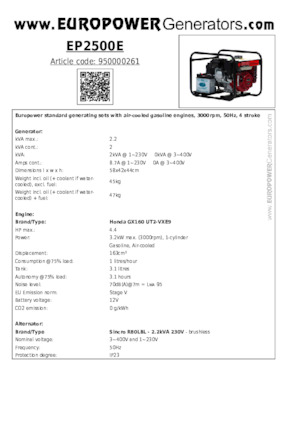 Бензинови генератори Europower EP2500E (S)
