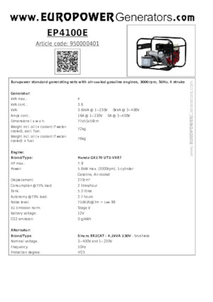 Бензинови генератори Europower EP4100E (S)
