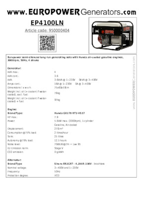 Бензинови генератори Europower EP4100LN (S)