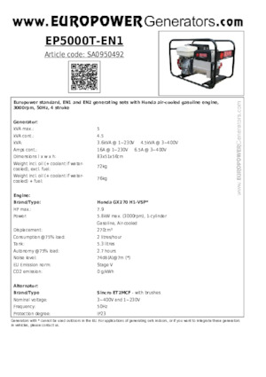 Бензинови генератори Europower EP5000T-EN1 (S)