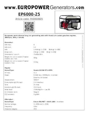 Бензинови генератори Europower EP6000-25 (S)