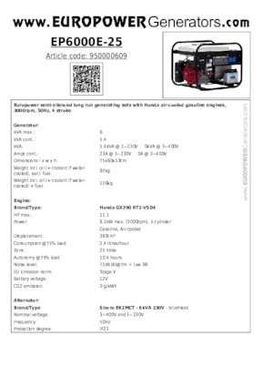 Бензинови генератори Europower EP6000E-25 (S)