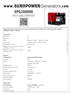 Бензинови генератори Europower EPG10000E (S)
