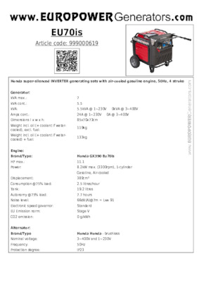 Бензинови генератори Europower EU70is