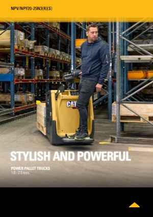 Палетни колички с платформа за управление като мотоциклет (седнал върху нея водач) Caterpillar NPV25N3